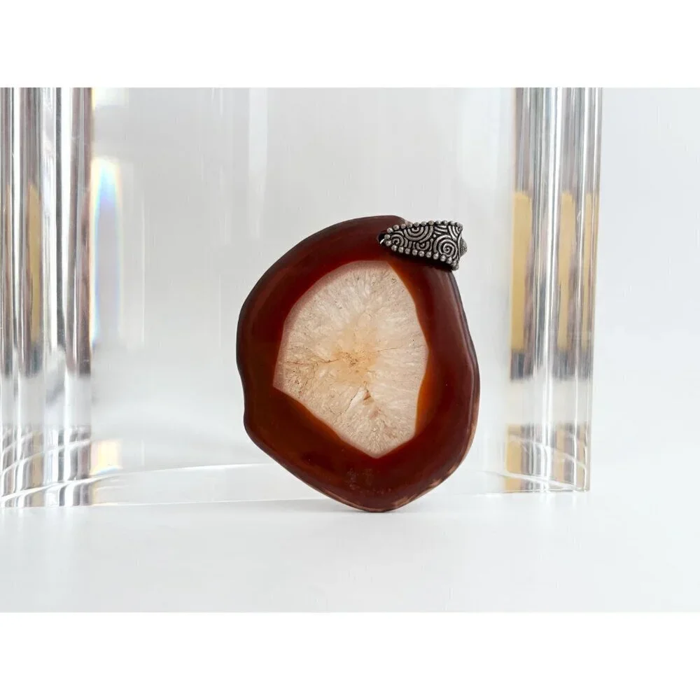 Polished Brown Crystal Free-Form Shaped Large Silver Toned Vintage Pendant